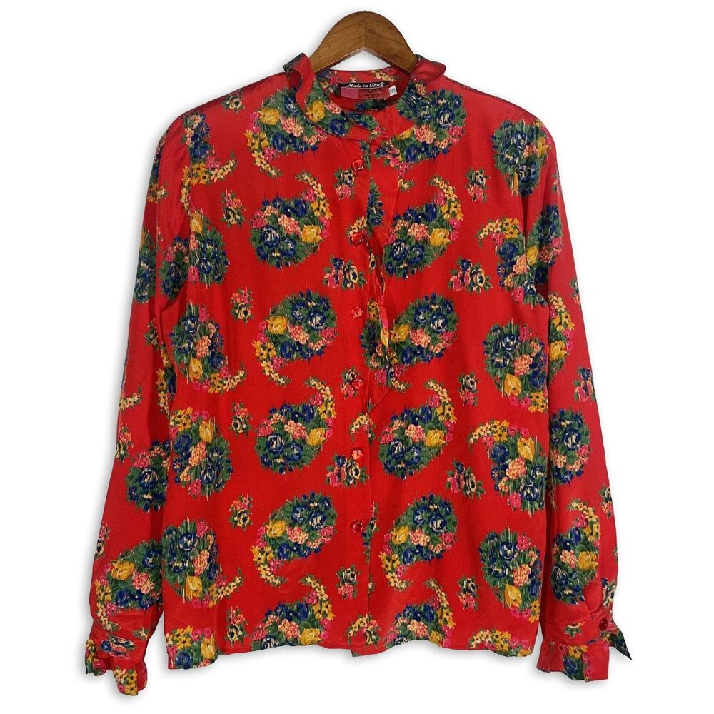 Vintage Ungaro Solo Donna Red Floral Silk Button Front Blouse Size 14